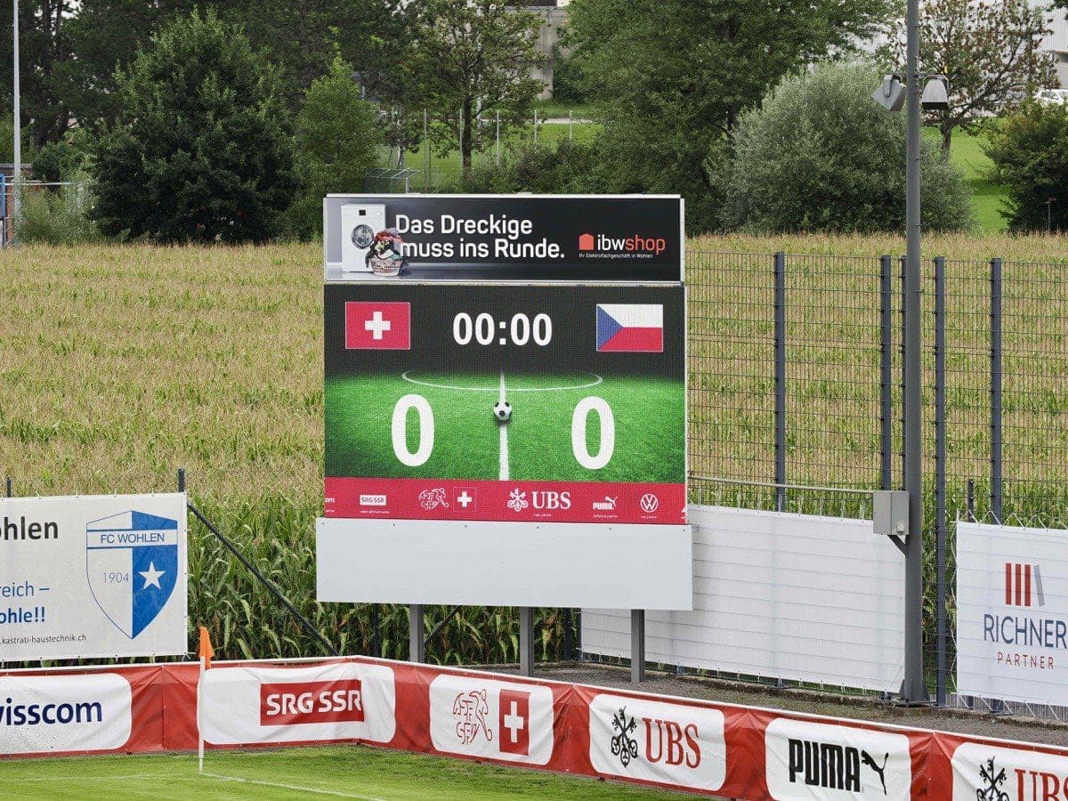 LED scoreboard before kick-off of the U20 international Switzerland v Czechia