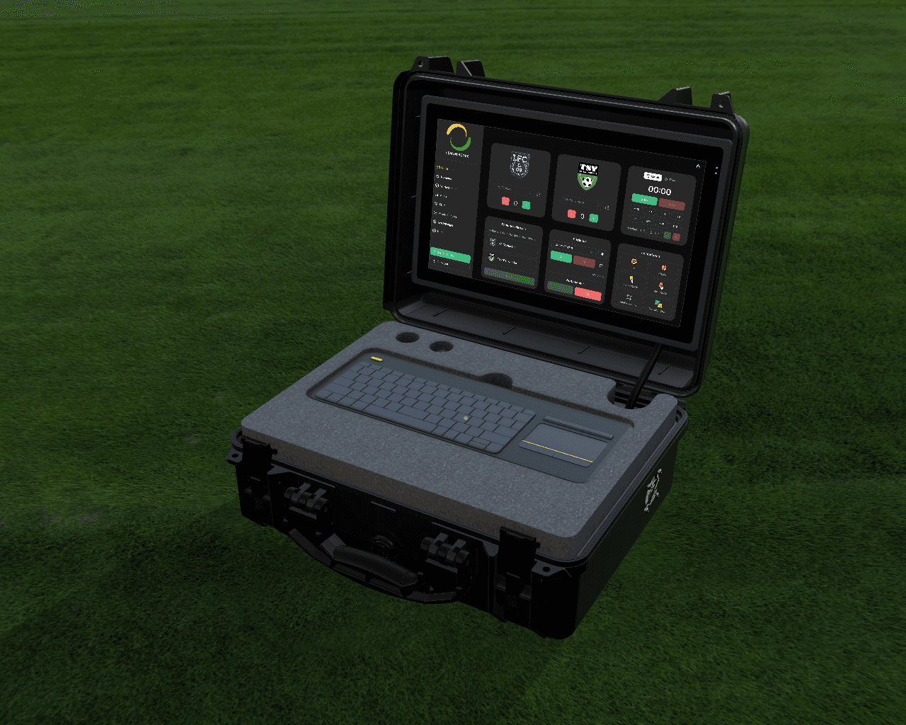 Product image of the LemonScore Controller Case: open hardshell case with the touchscreen in the lid and a keyboard with touchpad in the foam insert