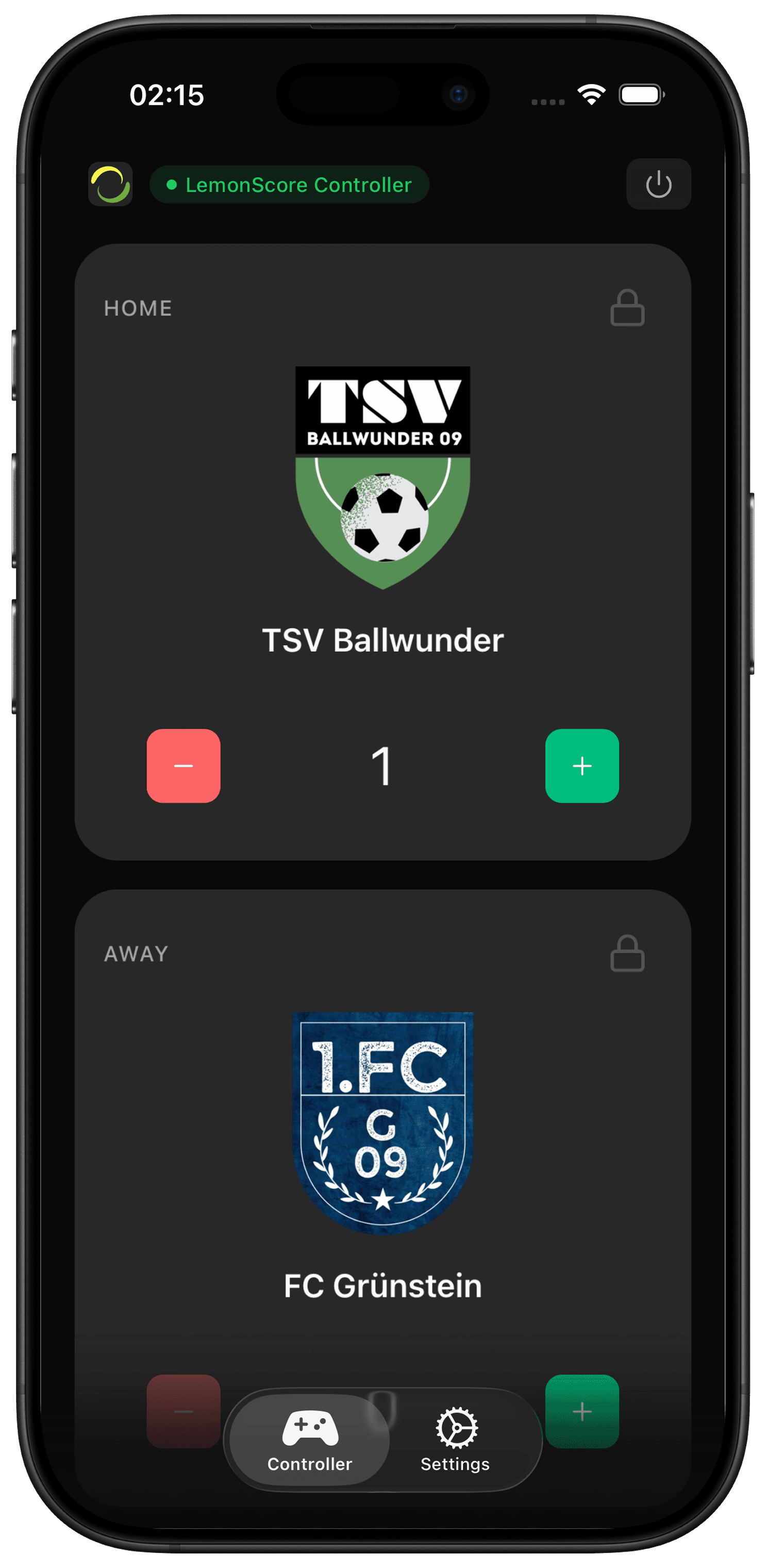 LemonScore Mobile App auf einem iPhone – Steuerung von Spielstand und Teams