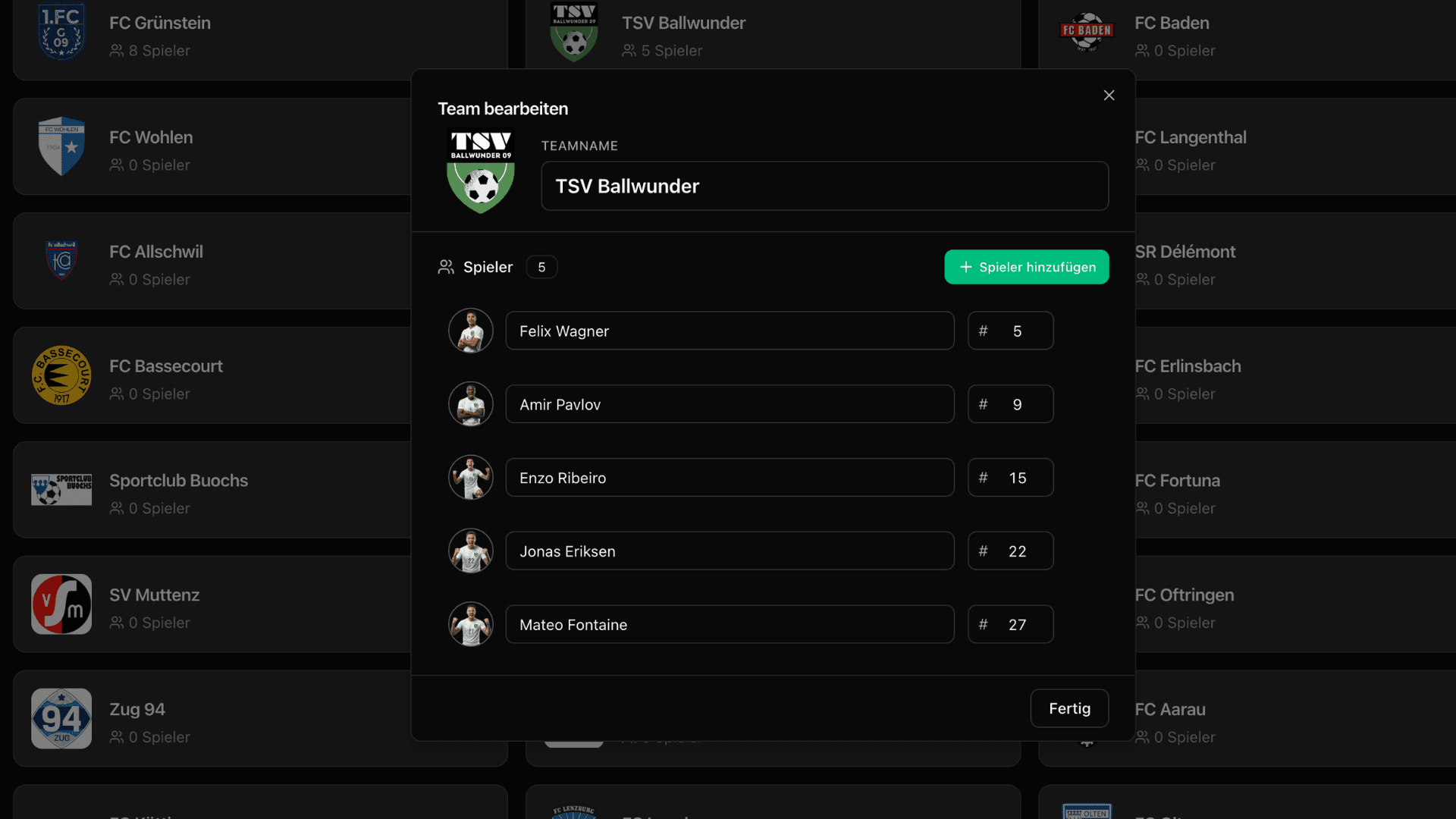 Team- & Spieler-Management - LemonScore Feature